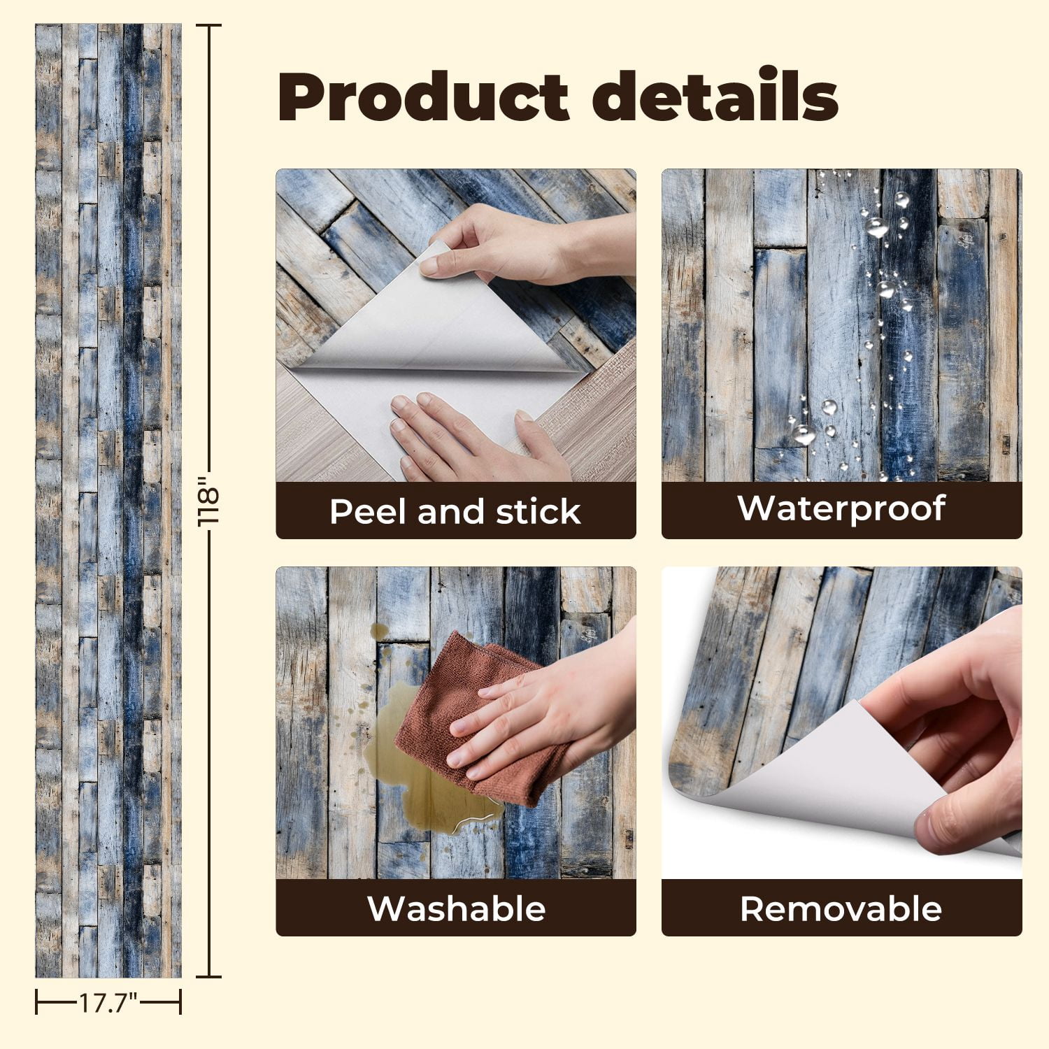 Peel and Stick Wallpaper Rustic Blue Brown Wooden Plank Wall Distressed Texture Wall Mural 17.7in x 9.8ft Self Adhesive Removable Wall Paper Renter Friendly Wallpaper for Nursery Bedroom Cabinets