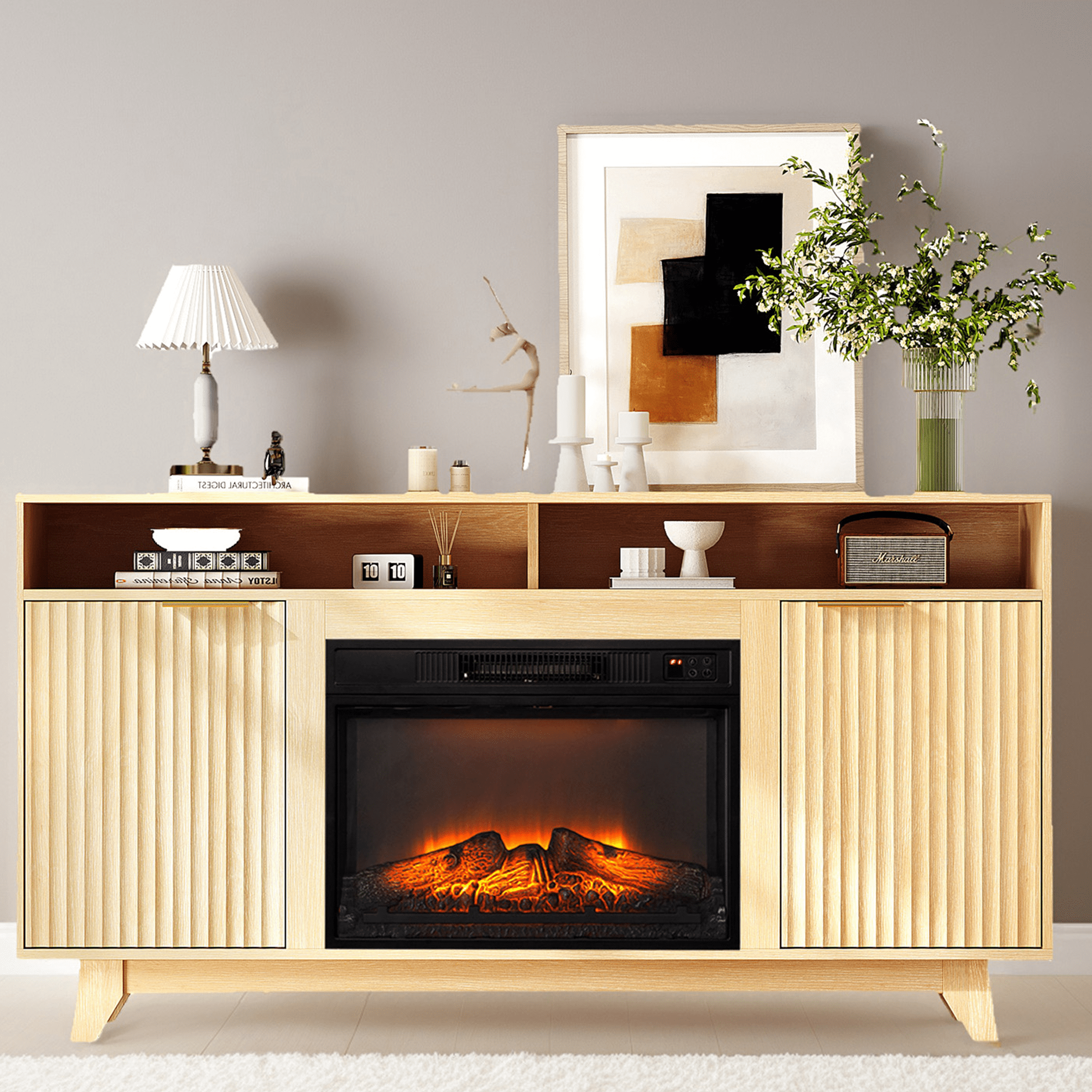 SESSLIFE Fireplace TV Stand with LED Light for 65 Inch TV, TV Console with 18''Electric Fireplace, Console Entertainment Center Television Table for Living Room or Bedroom, Natural