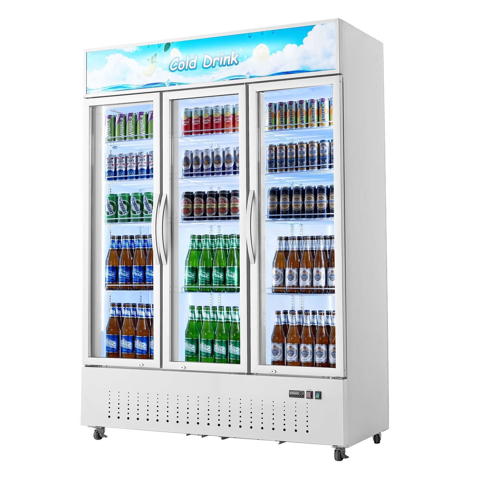 KFFKFF Commercial Merchandiser Refrigerator, 36.4 Cu.Ft / 1030L Upright Beverage Cooler, 3 Glass Door Display Fridge with Customizable Lightbox, 12 Adjustable Shelves, LED Lighting & Casters