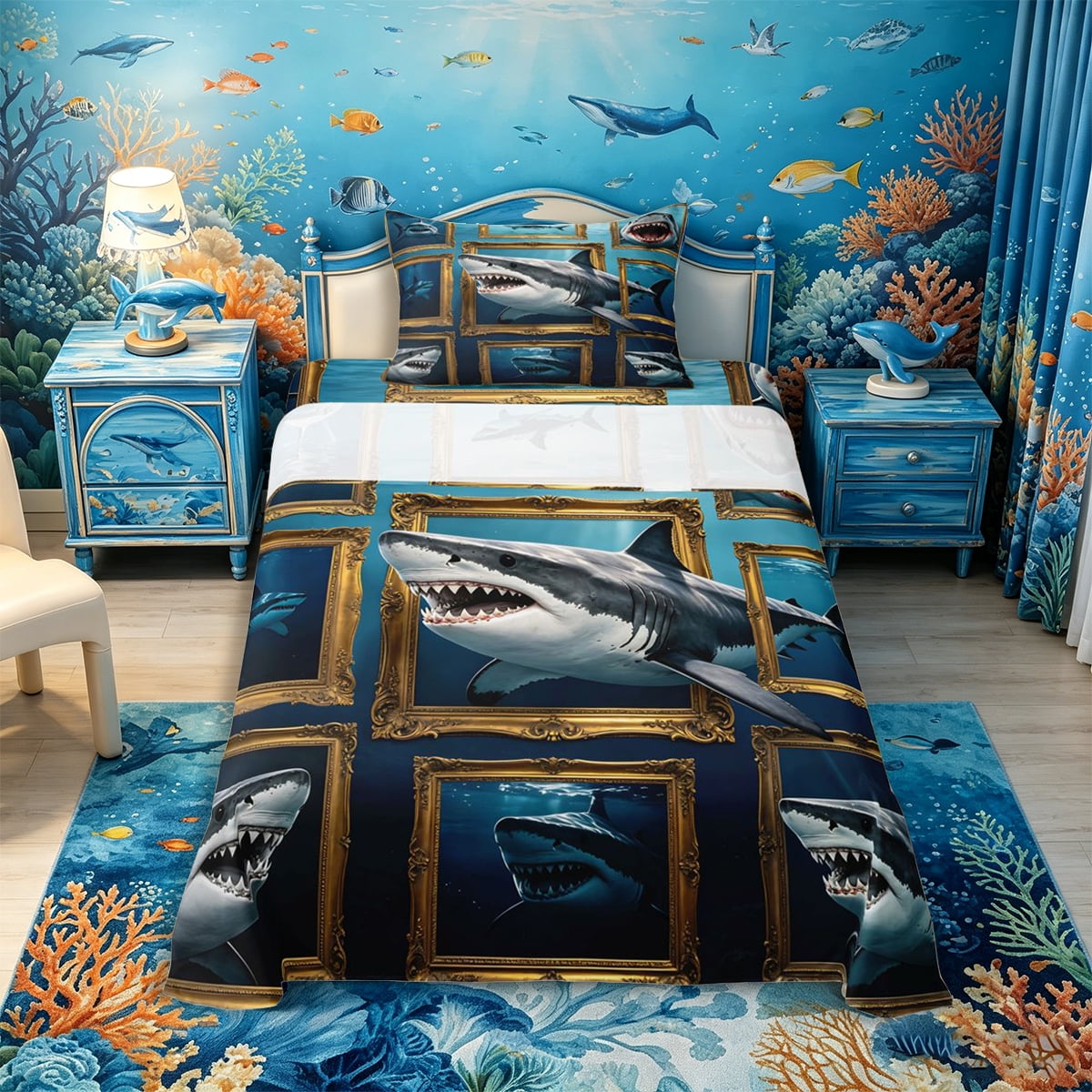 Castle Fairy Collage Shark Portrait Twin Sheets 3pcs,Vintage Framed Ocean Predator Layout Bedding,Teal Brass,1 Fitted Sheet,1 Flat Sheet and 1 Pillowcase