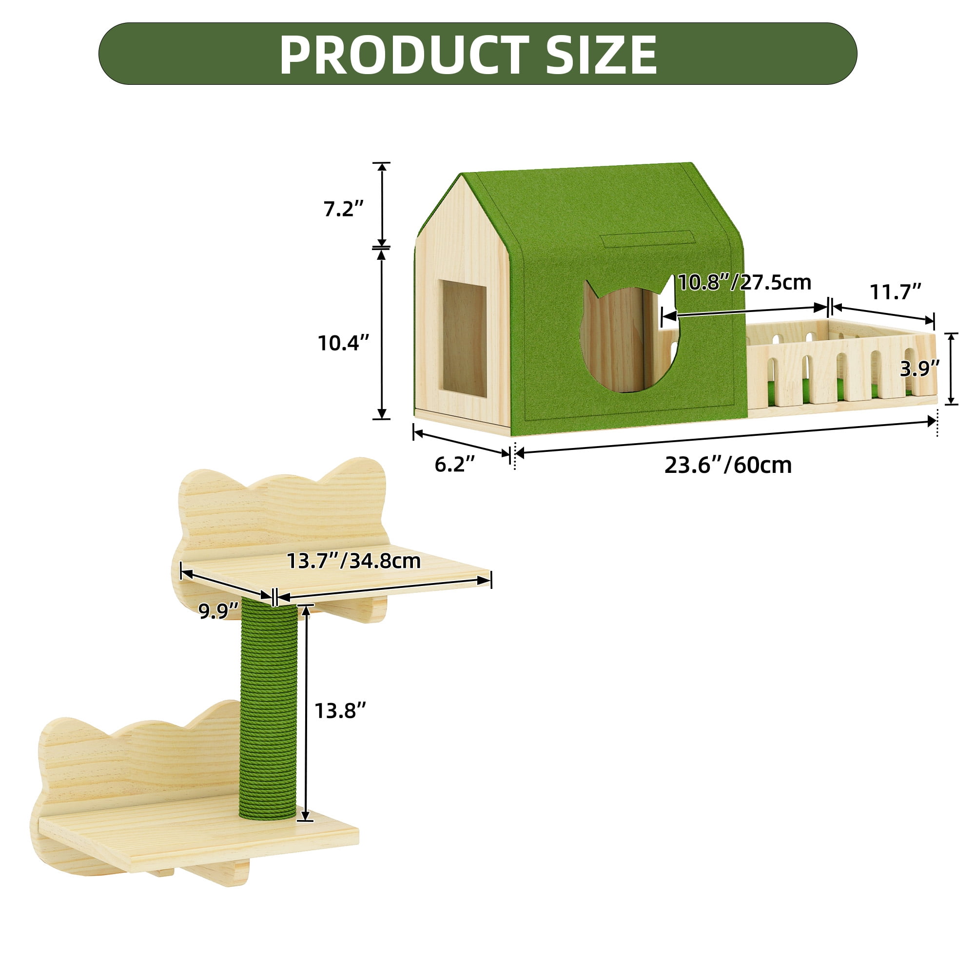 Uforic Cat Wall Shelves and Perches, Wooden Wall-Mounted Cat Furniture Set of 8 with House, 4 Perches, 2 Sisal Posts & Pom-Pom Toy for Indoor, Green & Wood