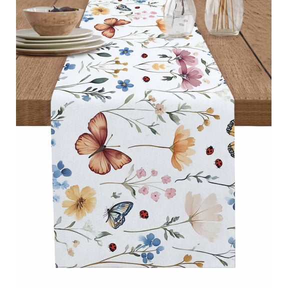 Rustic Butterfly Flowers Table Runner 72 Inches, Spring Botanical Floral Bed Runner Dresser Scarves Tabletop for Indoor Outdoor Parties/Ceremony/Banquet, 16" x 72"