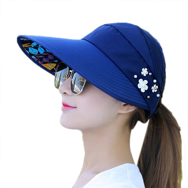 Advancent Sombrero de verano con cola de caballo para mujer, gorro de sombrilla plegable con flores de perlas, ala ancha y grande, informal, para Deportes acuáticos azul marino