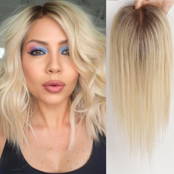 100% Human Hair Toppers Lase Base Clips in Hair 12inch Straight Blonde Human Hairpieces Dark Root Hair Extensions for Women