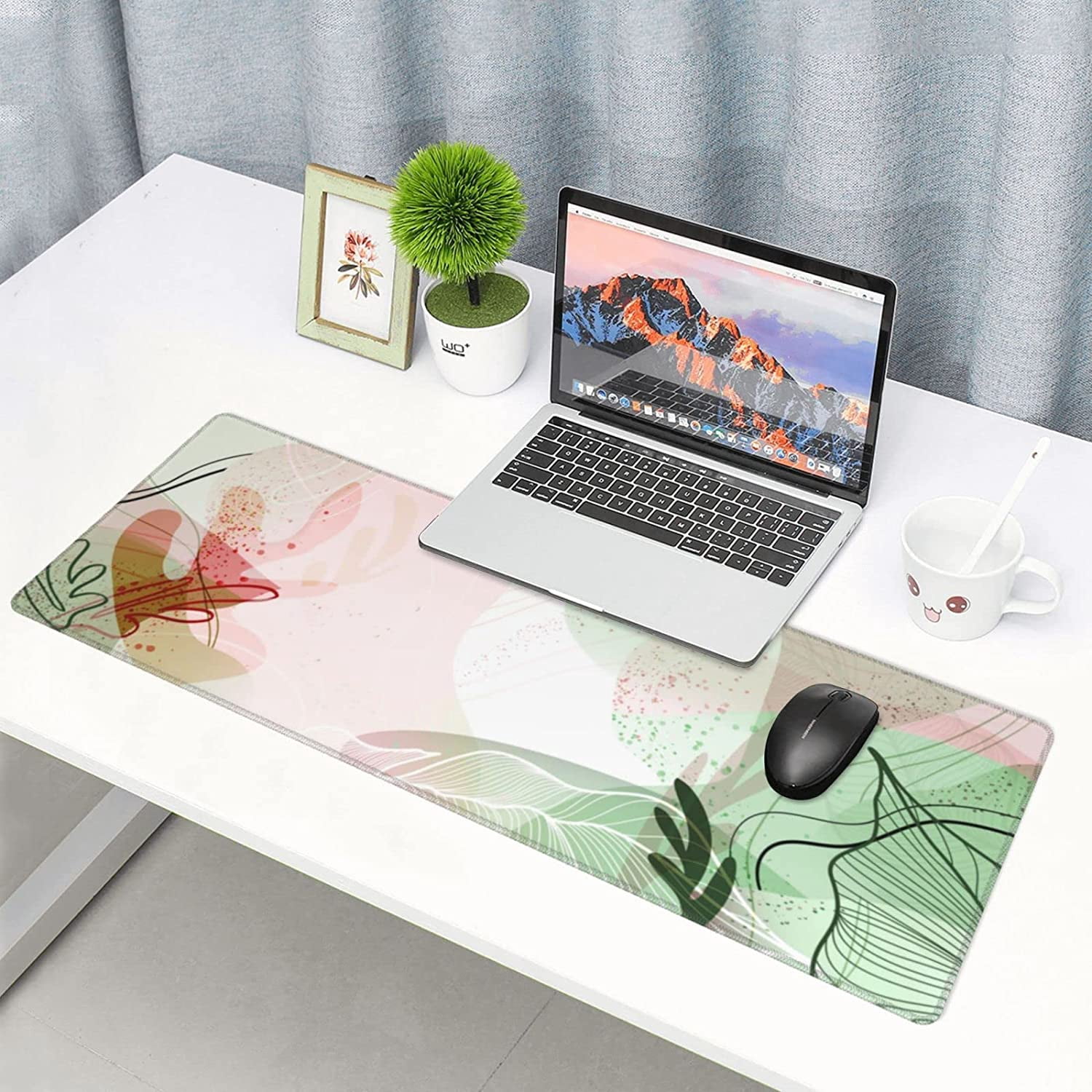Abstract Tropical Leaves Gaming Mouse Pad XL, Extended Stitched Edges Mousepad, Large Mouse Mat Desk Pad, Long Non-Slip Rubber Base Mice Pad（31.5x12 Inch）