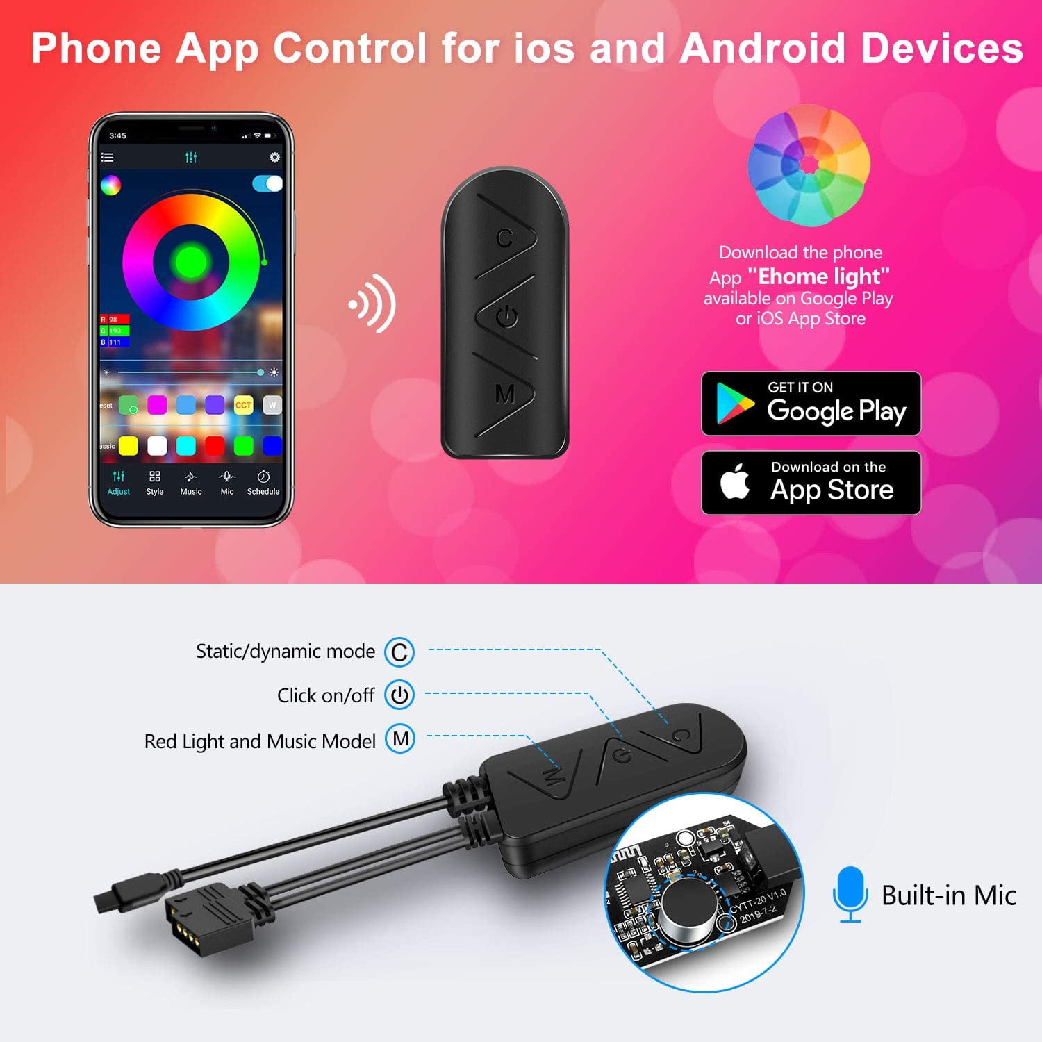 Sensitive Built-in Mic Bluetooth Controller for Home Bedroom Kitchen TV Party ATOPSUN Music Sync Color Changing 5050 RGB LED Light Strips Kit LED Strip Lights 50FT//15M App Control with Remote