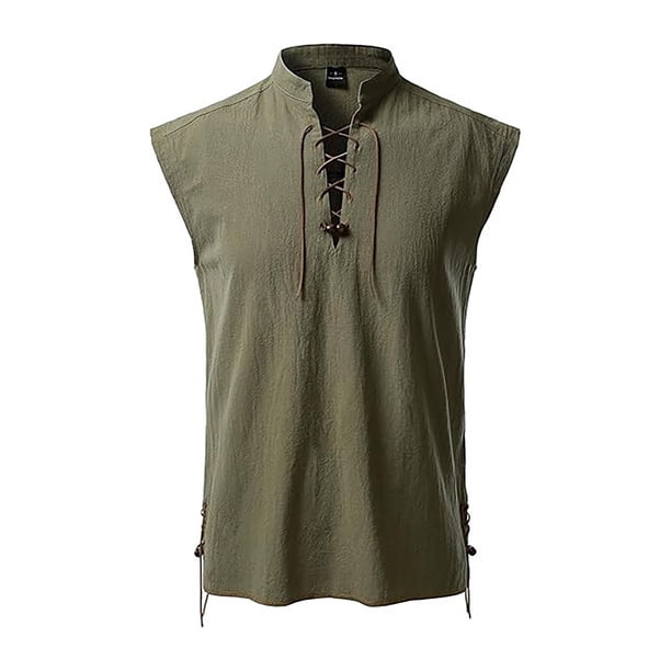 2025 Camisa hippie de playa sin mangas para hombre - Mezcla de lino, cuello alto, ligera - Boho veraniego, S-XXL