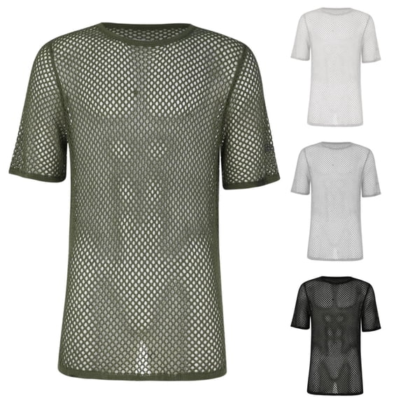 Migroa Men's Mesh Fishnet Top Short Sleeve Sheer See Through T Shirt Knit Crochet See Through Summer Tops Black L