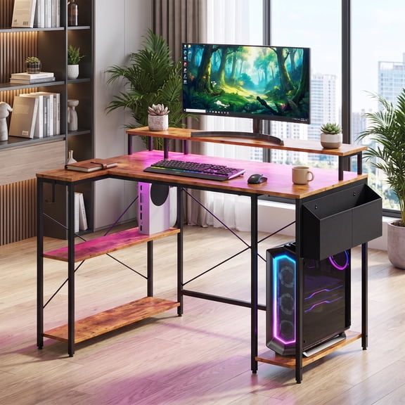 48" Computer Desk with LED Lights and Power Outlets, L Shape Desk Gaming Desk with Open Shelf for Home Office,Rustic Brown