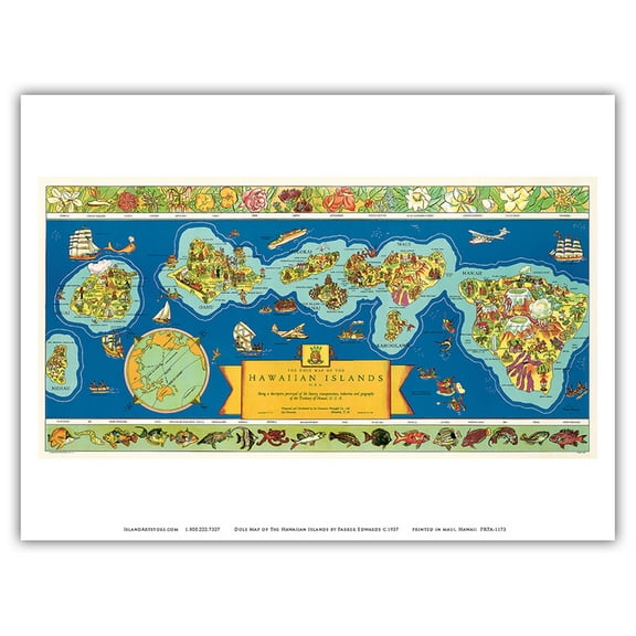 The Dole Map of The Hawaiian Islands U.S.A. - Territory of Hawaii - Vintage Pictorial Map by Parker Edwards c.1937 - Master Art Print (Unframed) 9in x 12in