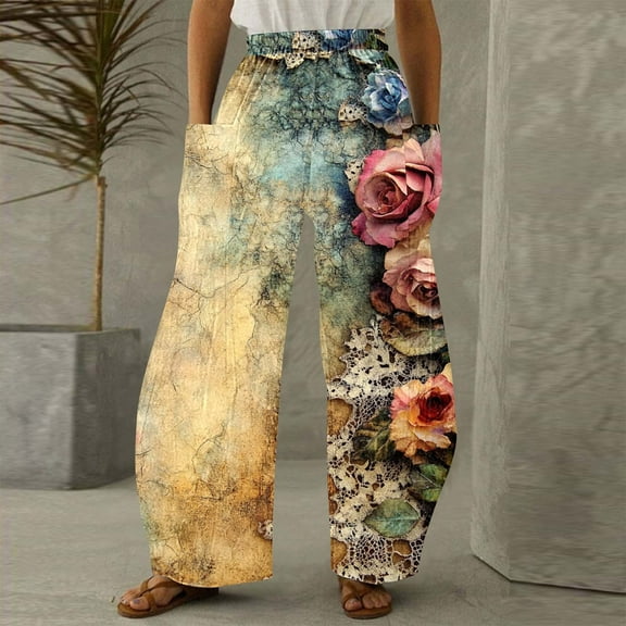 Bzhegqhd Women Retro Fashion Printed Straight Leg Retro Wide Leg Pants Loose Casual Pants