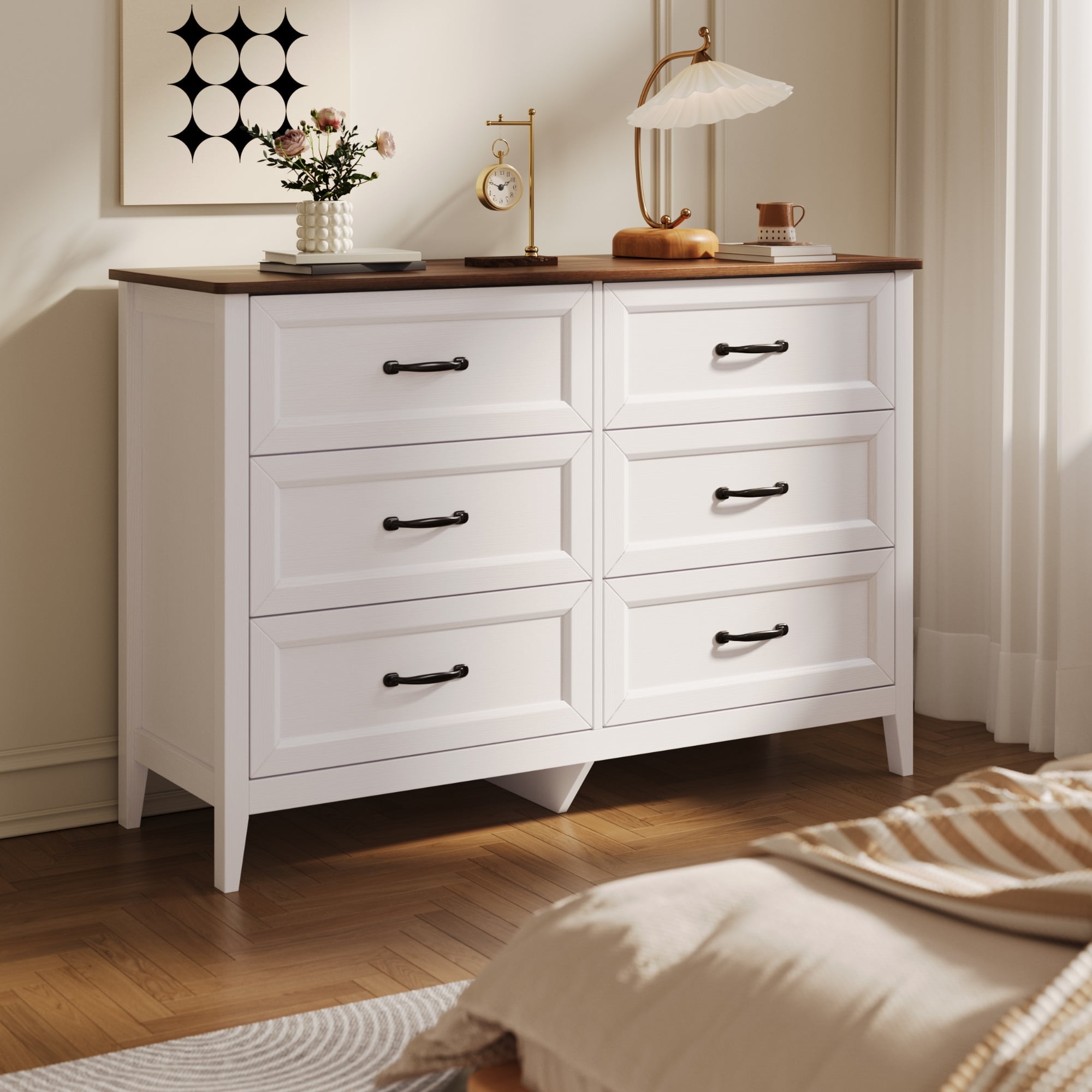White Dresser, Lofka 6 Drawer Dresser for Bedroom, Chests of Drawers for  Living Room, White+Rustic Brown - Walmart.com
