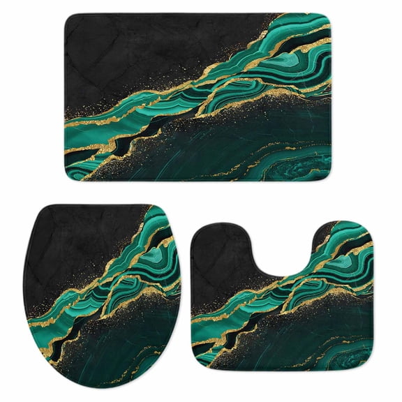 Black Gold Marble Bathroom Rugs Set Green Luxury Modern Abstract Wave Texture Non Slip Absorbent Soft Bath Mats 3 Piece Set with Bathroom Rug, U-Shaped Floor Mat, Toilet Seat Cover Large Size