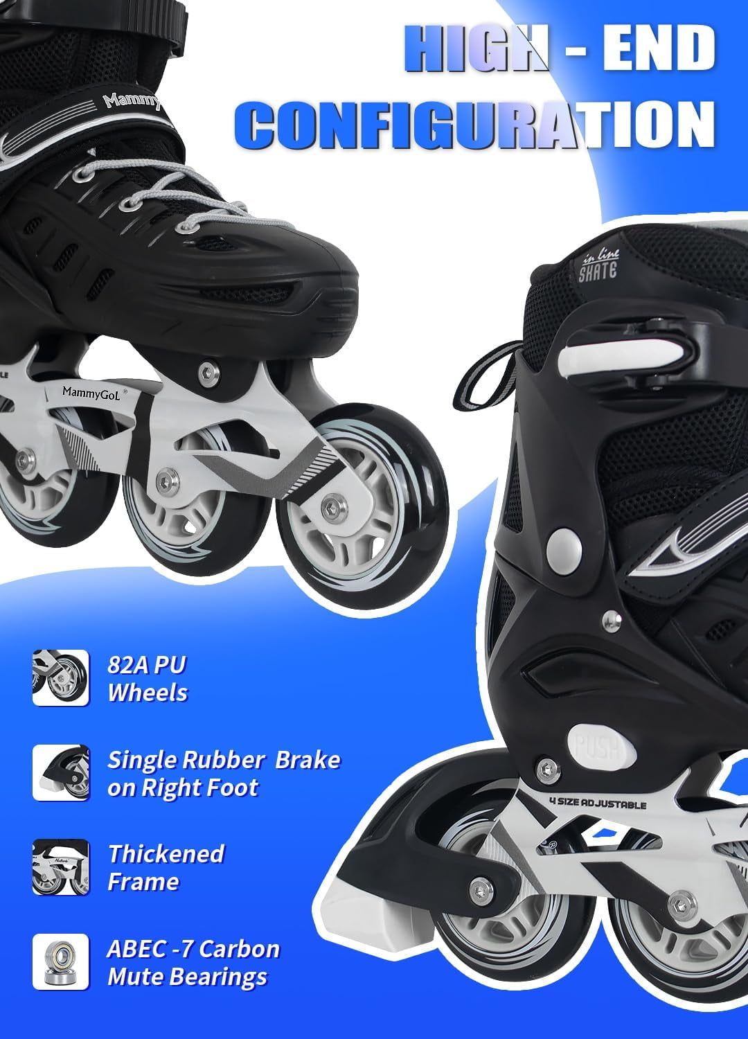 MammyGol Adjustable Inline Skates for Youth & Adults PU Wheels Safety Brake Black (Teen Boys, Girls, Beginner-Friendly)