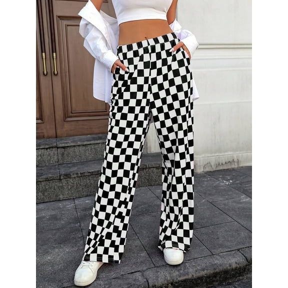Women Elastic Waist Wide Leg Pants, Checkerboard Print Loose Trousers with Pockets for Fall Daily Casual Wear