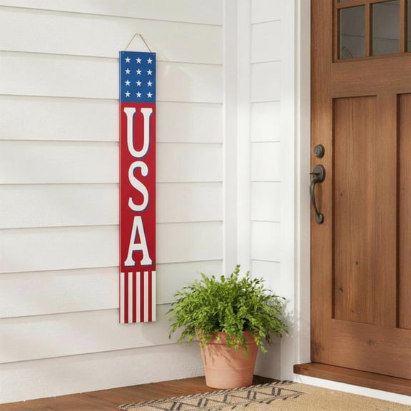 Patriotic Double-Sided Wooden Porch Leaner Sign with Rope Hanger, Red/White/Blue, 60" by Way To Celebrate