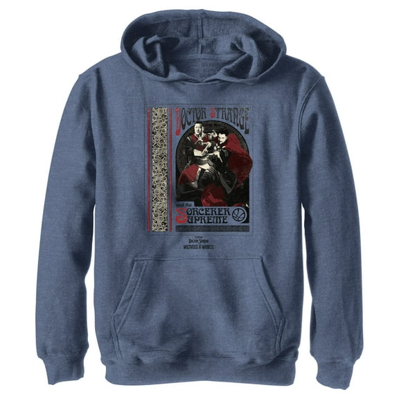 Boy's Marvel Doctor Strange in the Multiverse of Madness Strange and Wong Poster  Pull Over Hoodie Navy Blue Heather Small
