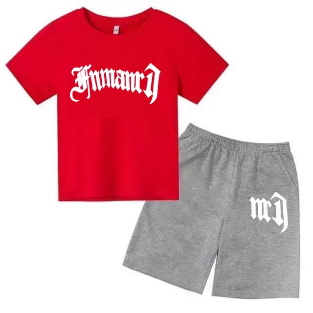 Ensemble 2 Pcs T-Shirt d'Été pour Enfants à Imprimé de Marque Gothique Haut + Short Ensemble 2 Pcs Manches Courtes Décontracté Mode Garçons Fille Enfant