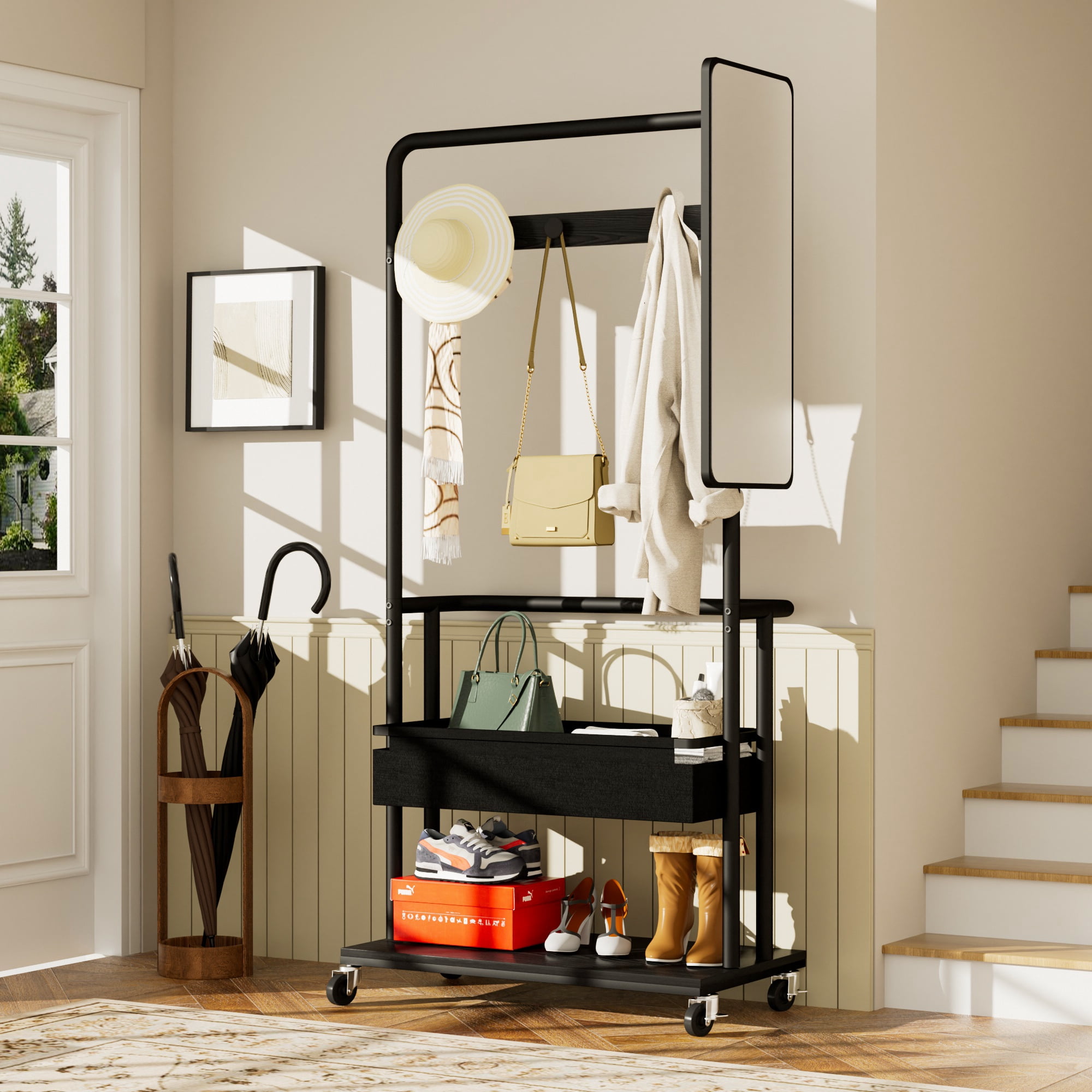 Sturdy metal coat rack with casters, 3-in-1 design, includes a basket and mirror, hanging coat rack, mobile coat rack with casters, large storage capacity, Black, 27.6″L x15.7"W x 67.0"H