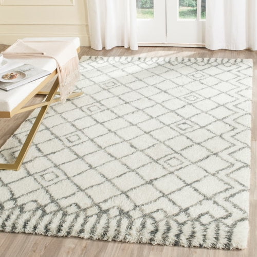 Safavieh  Handmade Casablanca Shag Santina Tribal Wool Rug Ivory/Grey 5' x 8' 5' x 8' Indoor Living Room, Bedroom, Dining Room Grey