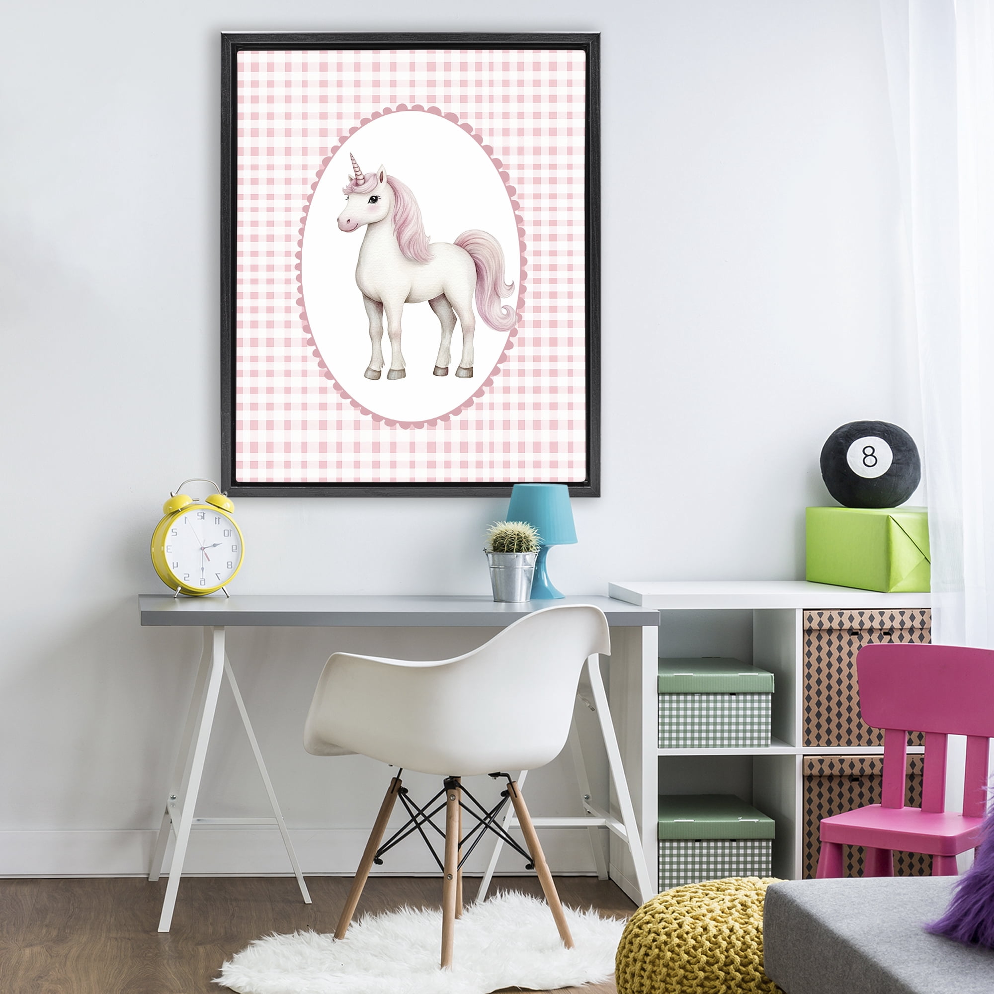 Stupell Industries Pink Gingham Unicorn Black Framed Floater Canvas Wall Art, design by Christine Simpson Art
