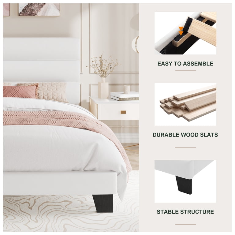 Amolife Twin Platform Bed, White Velvet Headboard photo 4