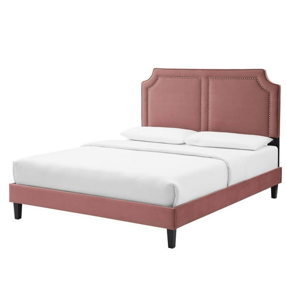 Platform Bed Frame, Rivet Nailhead, King Size, Pink, Velvet, Mid Century Bedroom, Modern Contemporary Boutique HB35472