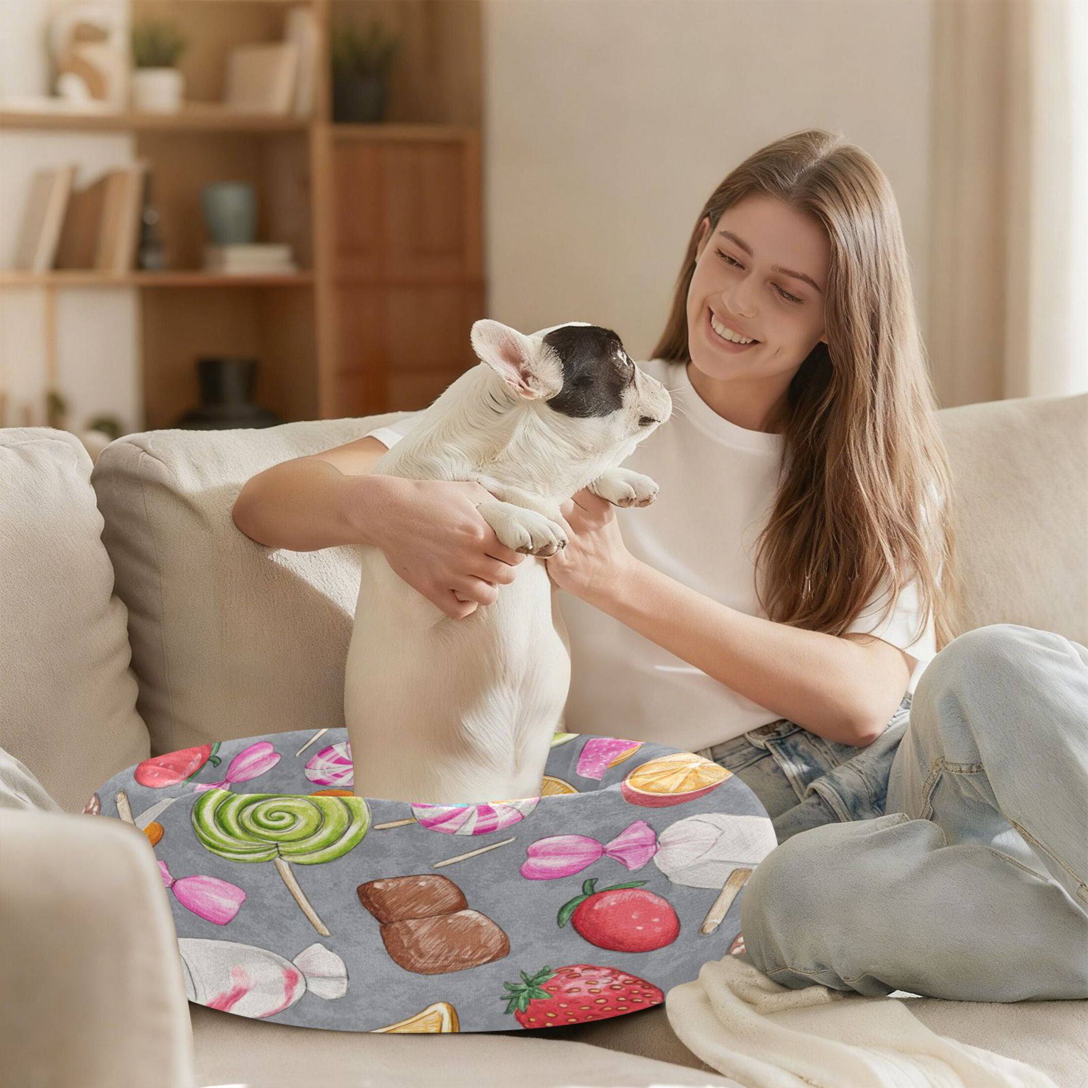 Iauyy Pet Couch Donut Cat Bed for Indoor Cats/Small Dogs Washable & Machine with Non-slip Bottom Calming Cat Furniture, Candies and Fruit Candies (M)