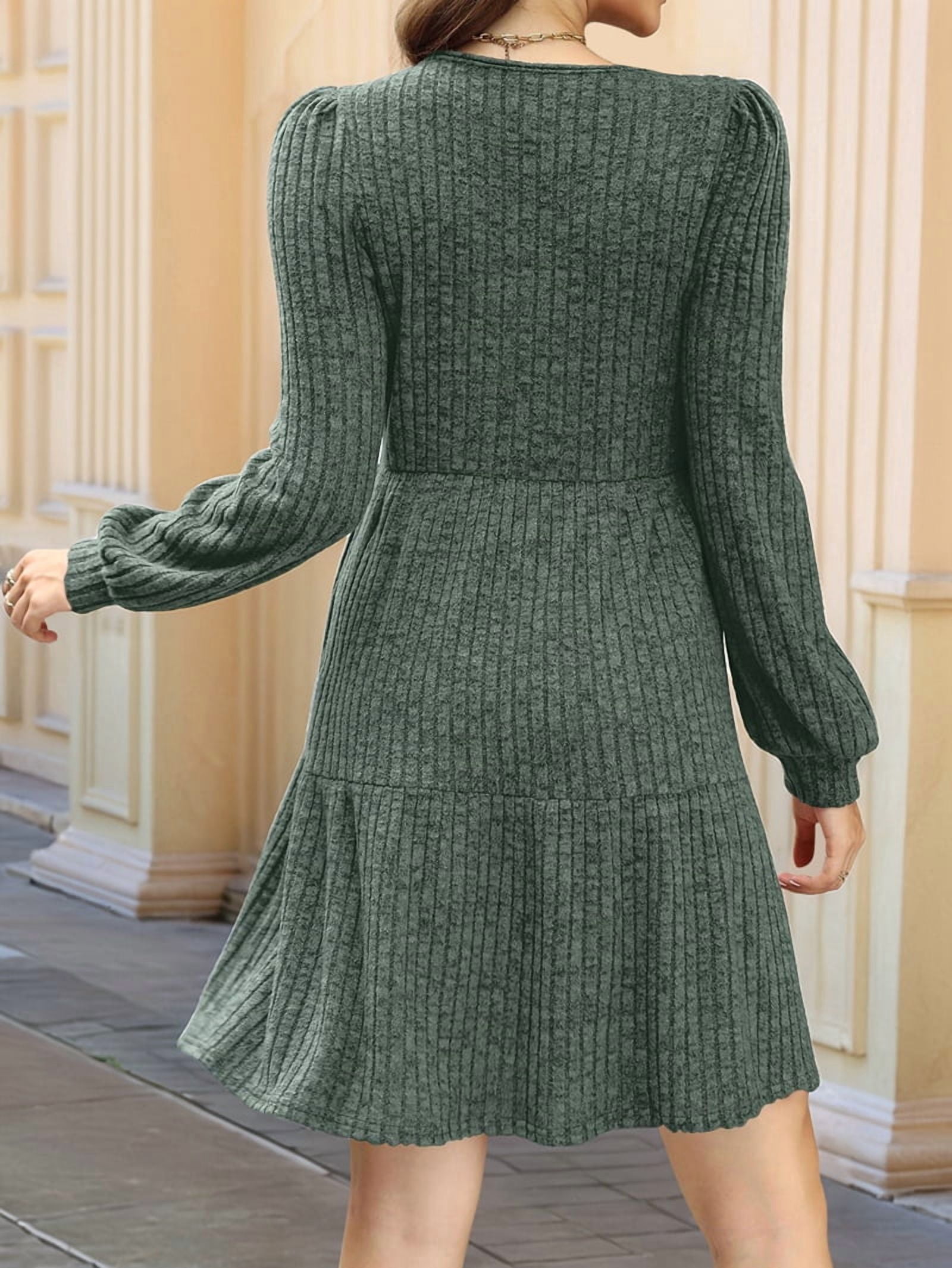 Womens Square Neck Long Sleeve Fall Dresses Casual Babydoll Sweater Dress Green L