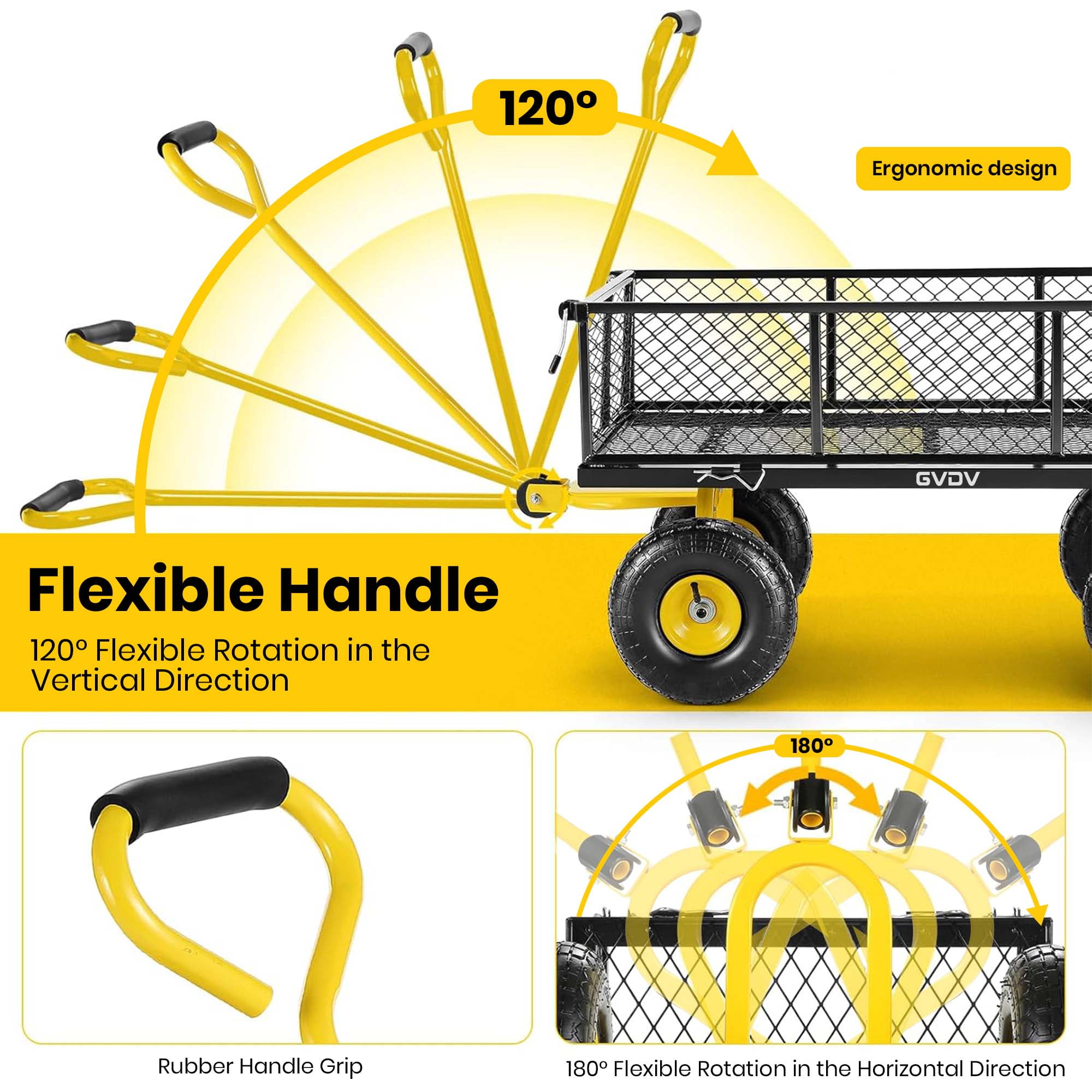 GVDV Heavy Duty Steel Garden Cart with Liner, 40" x 20", 660lbs Capacity, 10" Wheel, Utility Cart for Yard Work Hauling and Outdoor Use, Black/Yellow