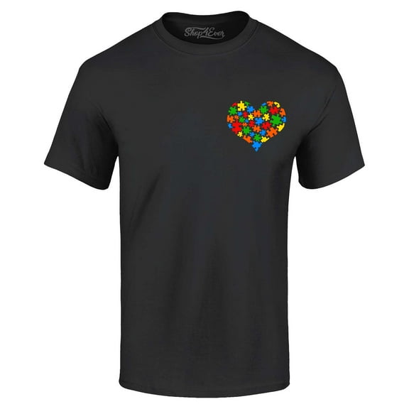 Shop4Ever Men's Pocket Size Puzzle Heart Autism Awareness Support Graphic T-shirt Small Black