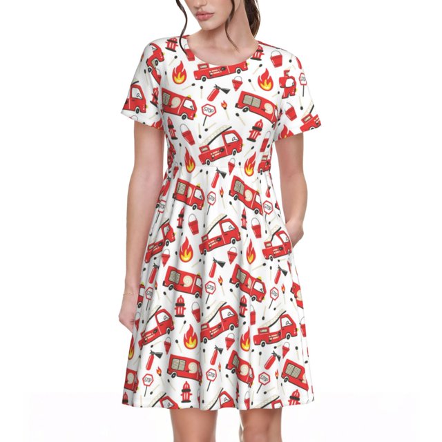 Balery Fire Truck Vestidos sueltos de manga corta para mujer, vestidos de verano 2025, vestidos casuales de corte A con vuelo.
