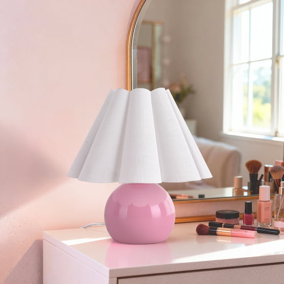 Pink Small Bedside Table Lamp, Cute Scalloped Shade Nightstand Lamp for Small Spaces, Bedroom, Bookshelf, Kids Dorm and Home Office