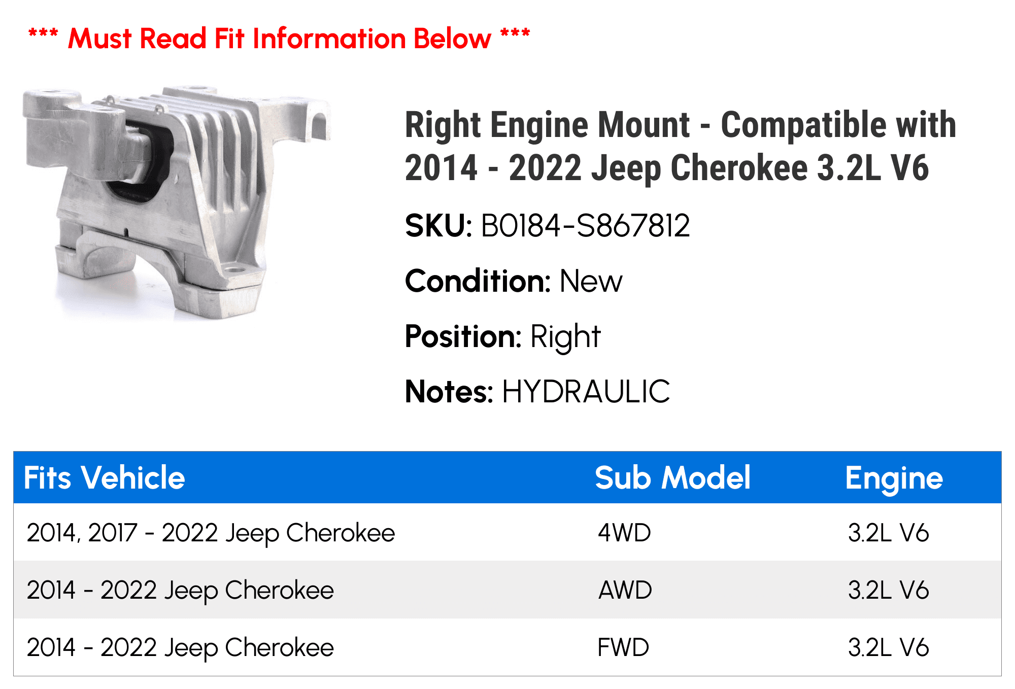 Right Engine Mount - Compatible with 2014 - 2022 Jeep Cherokee 3.2L V6 2015 2016 2017 2018 2019 2020 2021