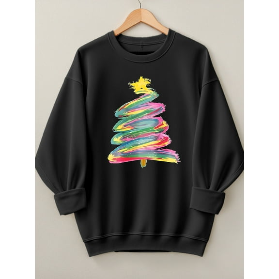 Woman Christmas Shirt Rainbow Christmas Tree Graphic Sweatshirt Casual Long Sleeve Black Top
