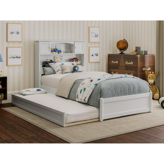 Hadley Twin Wood Platform Bed with Panel Footboard and Twin Trundle in White