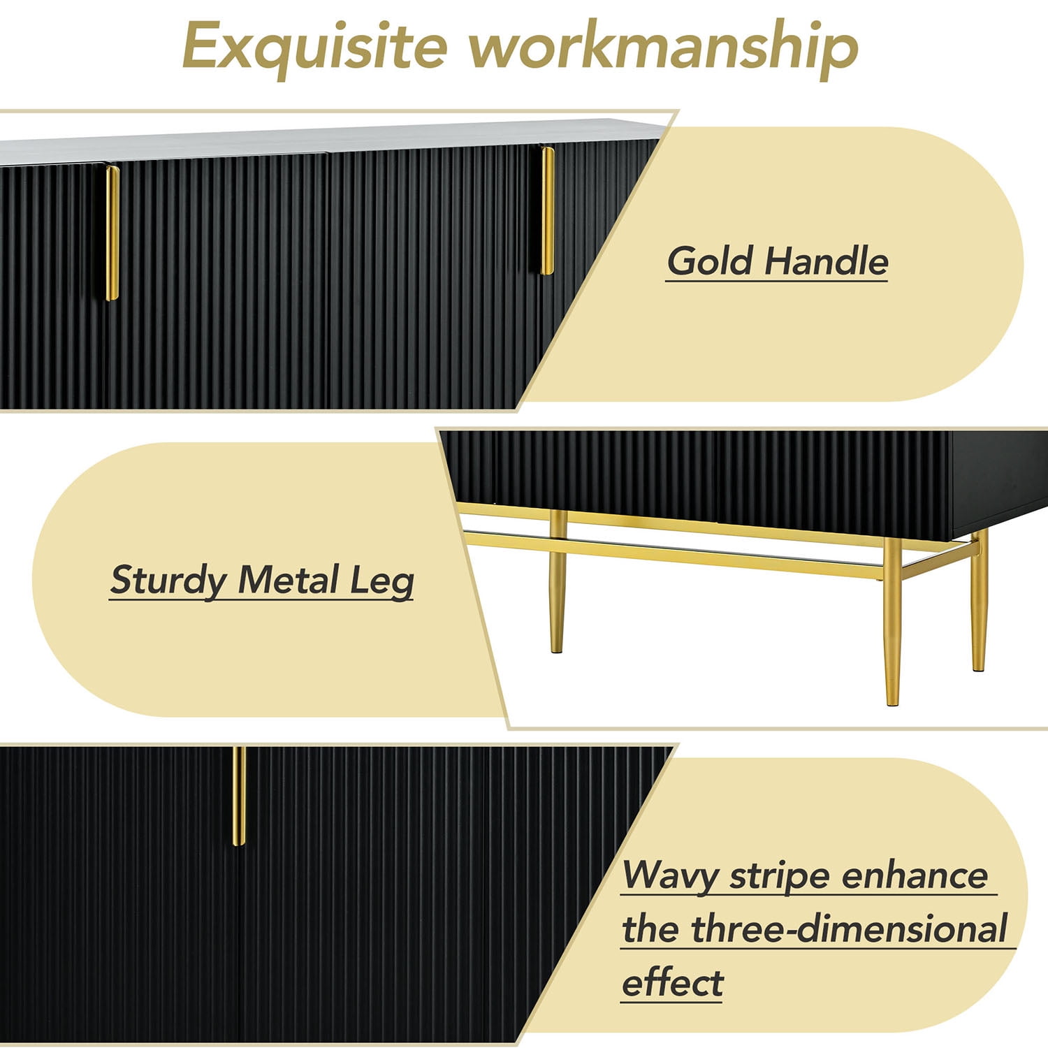 Kadyn 4-door Sideboard Buffet Cabinet, Accent Storage Cabinet with Gold Metal Handle, Kitchen Storage Cabinet for Hallway, Black