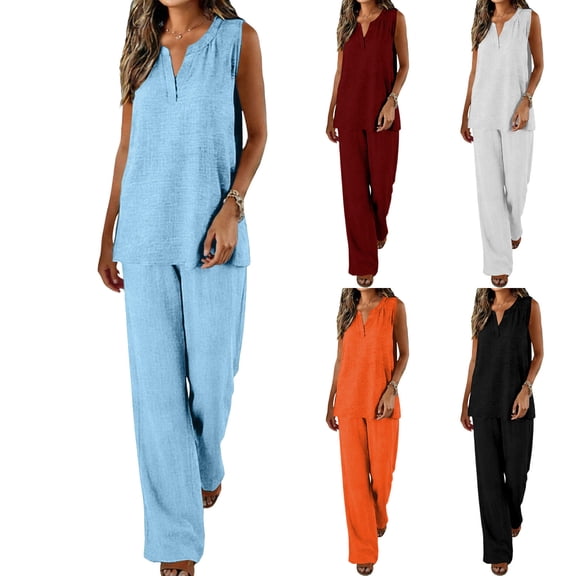 Plus Size Linen Outfits 2 Piece Pants Set for Women Sleeveless V-neck Tank Top Wide Leg Trouser Summer Clothes (XL, Light Blue)