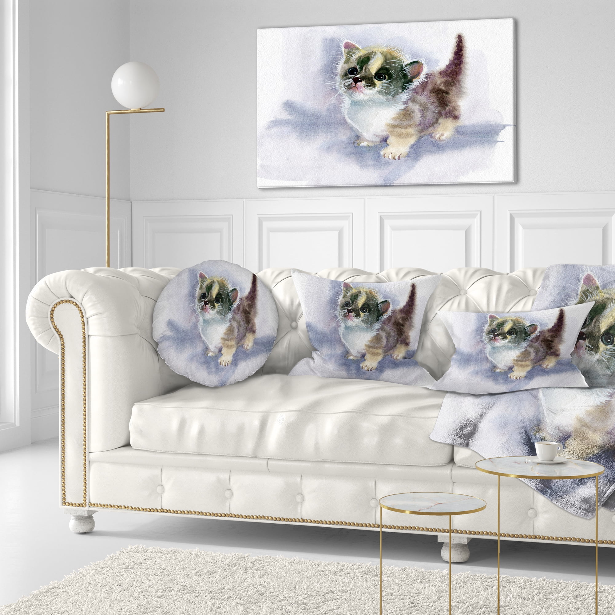 Designart Cute Kitten on Blue Watercolor - Animal Throw Pillow - 12x20