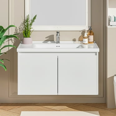 OLD CAPTAIN 36" Bathroom Vanity with Ceramic Sink, Floating Bathroom Vanity with Sink and Cabinet, Wall Mounted Bathroom Sink Cabinet with Storage, White