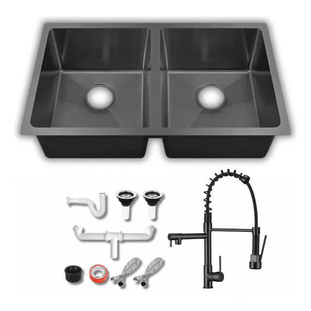 Tarja Doble Submontar Negra 82x47 Acero Inoxidable Calibre 18 con Mezcladora 360° y Kit – KADINOX PLUS