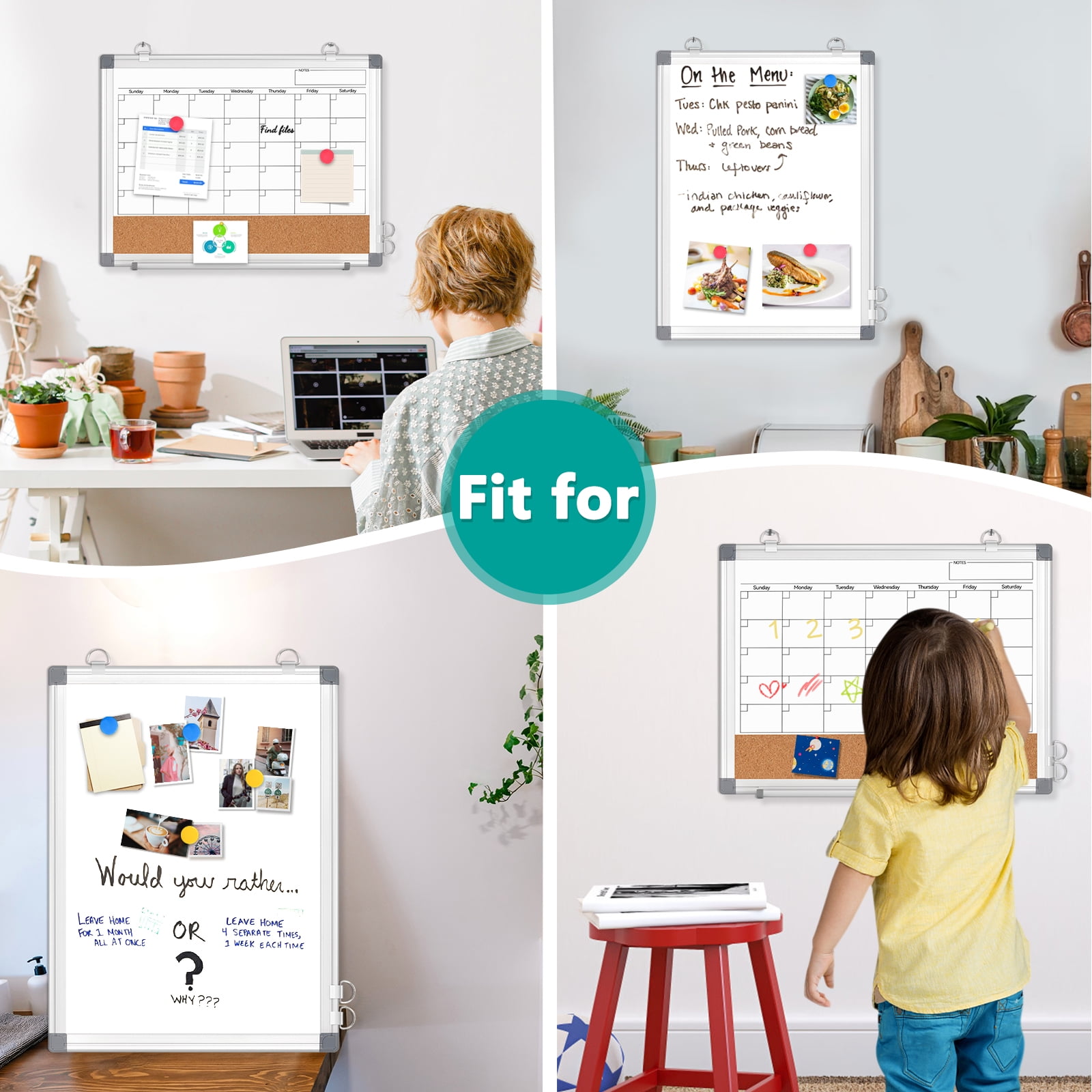 DOLLAR BOSS Monthly Calendar Whiteboard 16" x 12" Magnetic Dry Erase Board Combination Board Cork Board for Wall, Double-Sided White Board, Portable Board with Markers Magnets Eraser, White Frame