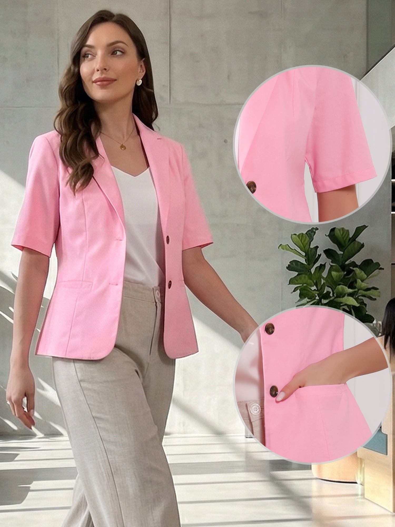 DARING DIVA Women's Linen Short Sleeve Cotton Lapel Collar Blazer S Pink