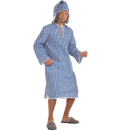 Blue and White Scrooge Striped Men Adult Christmas Shirt Costume with Hat- Extra Large
