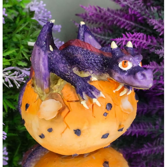 Small Sparkly Purple Whimsical Dragon Baby Emerging From Spotted Egg Figurine