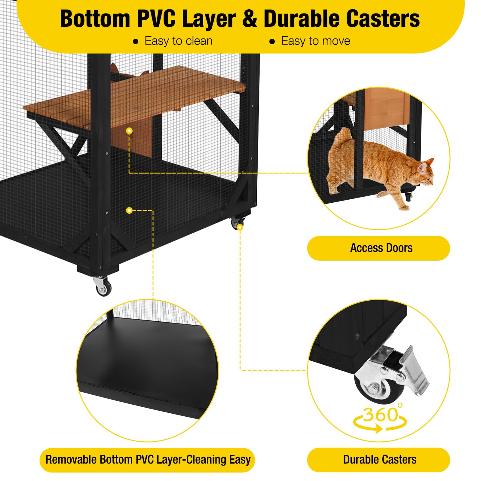 Aivituvin Catio Outdoor Cat Enclosure with Wheels, Resting Box, Cat Scratching Post, Jumping Platform, Outdoor Cat House for Cats, Brown