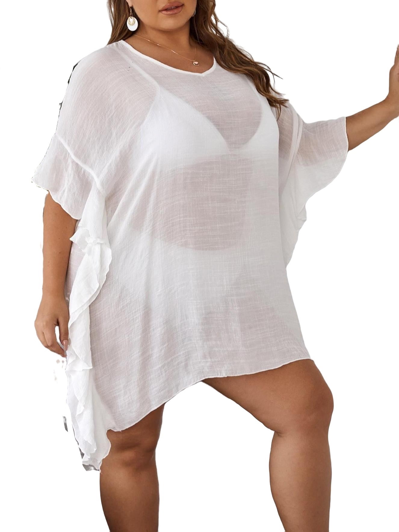 Plain V neck ElbowLength White Plus Size Cover Ups (Women's Plus