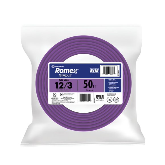 Southwire Romex SIMpull Residential Wire, 12 Gauge, 3 Conductor, 50 Ft, /G NM-B Cable, Purple, 63947822