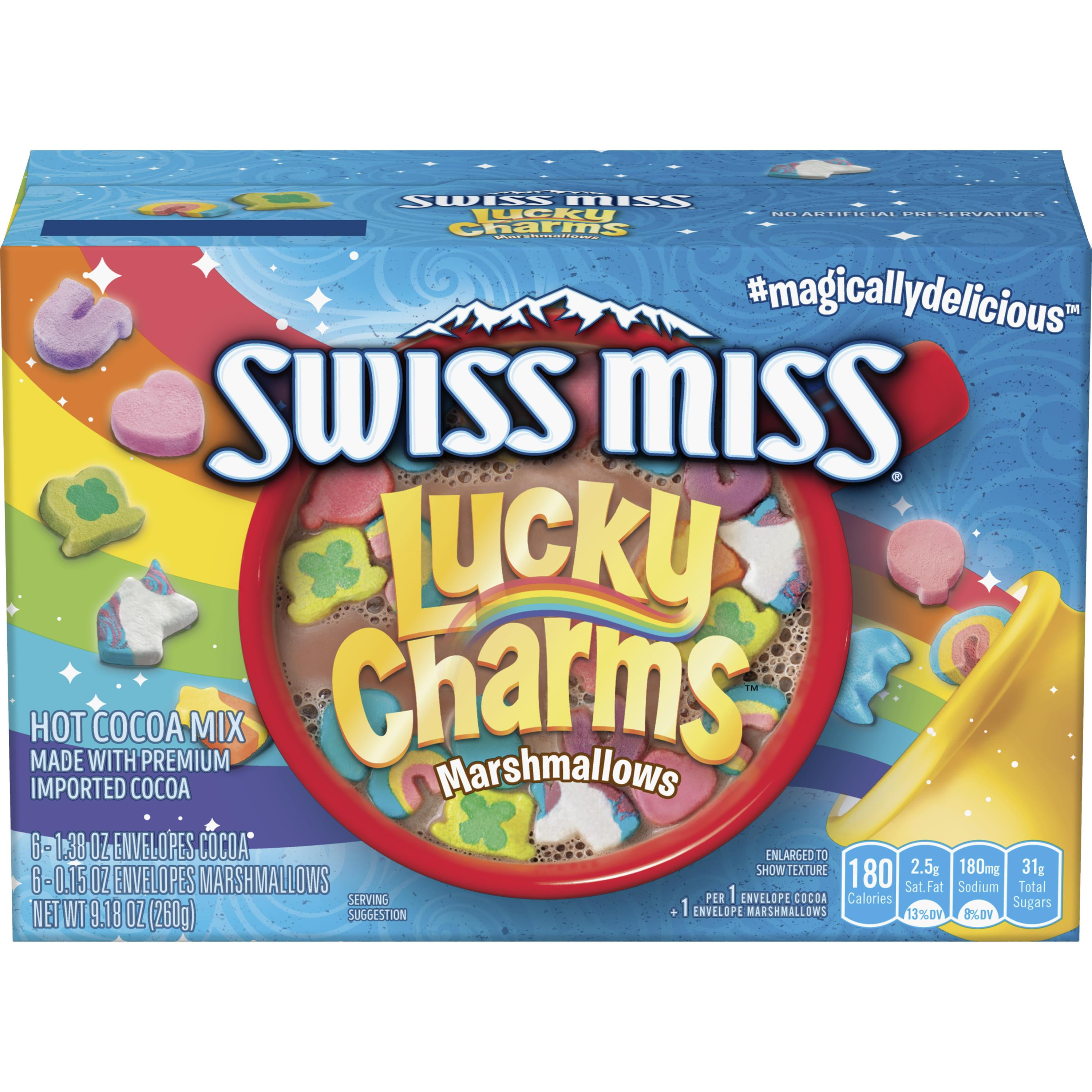 Swiss Miss Chocolate Flavored Hot Cocoa Mix with Lucky Charms Marshmallows, 6 Count Hot Cocoa Mix Packets (8 Pack)