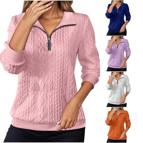 XIAOCHA Women's Quarter Zip Sweatshirt Textured Knit Long Sleeve Pullover Top, Pink, Sizes M